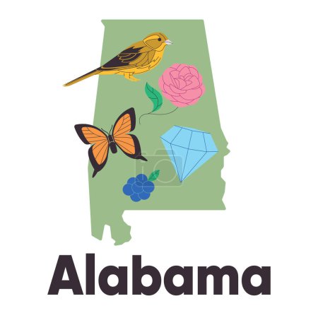 Illustration for Alabama map icon of united states symbol yellow hammer bird butterfly camelia flower blackberry vector illustration - Royalty Free Image