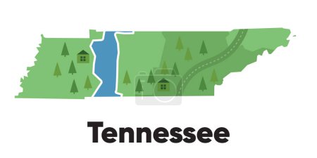 Tennessee Karte Form der Staaten Cartoon-Stil mit Wald Baum und Flusslandschaft grafische Illustration Vektor