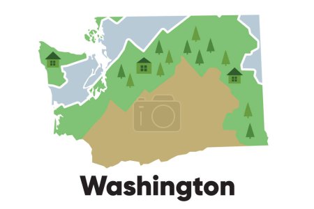 Illustration for Washington map shape of states cartoon style with forest tree and river landscape graphic illustration vector - Royalty Free Image