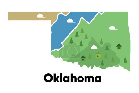 Téléchargez les photos : Oklahoma forme de carte États-Unis Amérique vert forêt dessiné à la main style dessin animé avec arbres Voyage vecteur de terrain - en image libre de droit