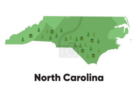 Téléchargez les photos : Caroline du Nord forme de carte États-Unis Amérique vert forêt dessiné à la main style dessin animé avec arbres Voyage vecteur de terrain - en image libre de droit