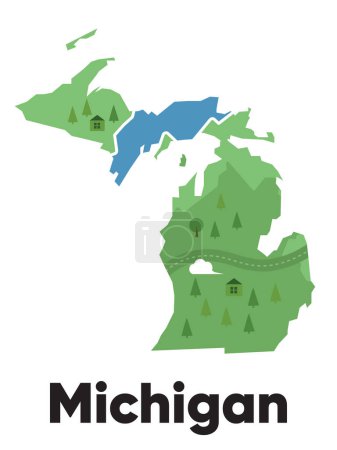 Téléchargez les photos : Michigan map shape États-Unis Amérique vert forêt dessiné à la main style dessin animé avec arbres Voyage vecteur de terrain - en image libre de droit