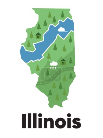 Téléchargez les photos : Illinois carte forme États-Unis Amérique vert forêt dessiné à la main style dessin animé avec arbres Voyage vecteur de terrain - en image libre de droit
