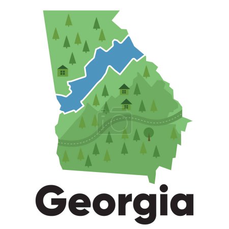 Téléchargez les photos : Géorgie carte forme États-Unis Amérique vert forêt dessiné à la main style dessin animé avec arbres Voyage vecteur de terrain - en image libre de droit