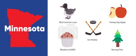Téléchargez les illustrations : Minnesota états avec icône symbole de huard commun muffin myrtille hockey sur glace Norvège pin illustration vecteur - en licence libre de droit