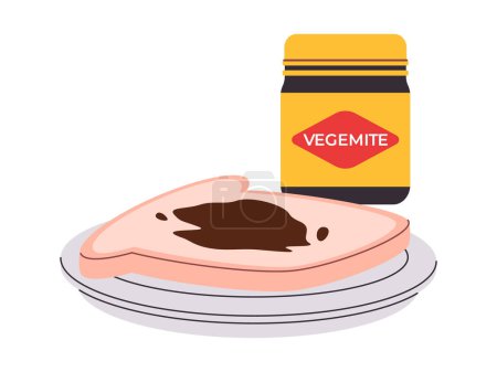 Illustration for Plate bread spread vegemite jam healthy nutrition breakfast delicious food with jar australia product vector - Royalty Free Image