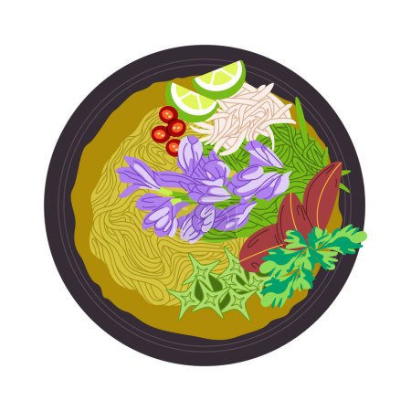 Téléchargez les illustrations : Num banhchok nourriture traditionnelle cambodia à base de nouilles de riz aux légumes délicieux vecteur de repas - en licence libre de droit