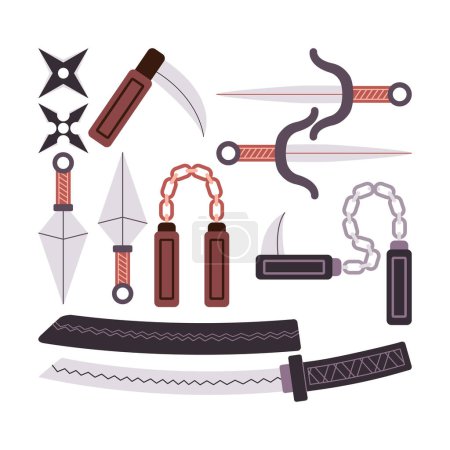 set ninja weapon katana sword knife sai nunchaku shuriken kusarigama battle equipment vector
