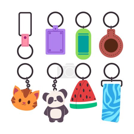 set various colorful keychain tag holder souvenir gift design trinket accessory vector
