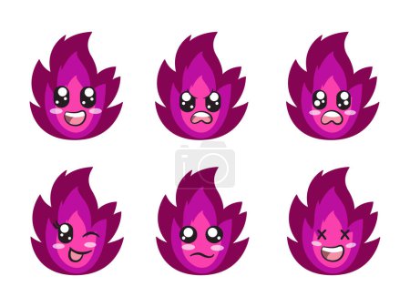 Illustration for Purple color fire character expression smile laughing happy sad blink eye and cheerful gesture vector - Royalty Free Image