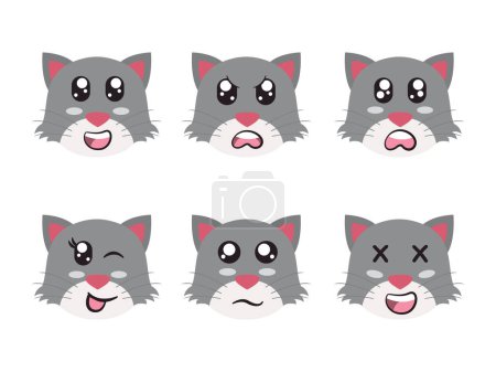 Illustration for Grey white color head cat face character expression smile laughing happy sad blink eye and cheerful gesture vector - Royalty Free Image