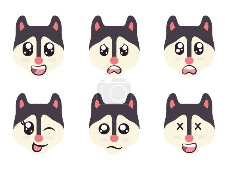 Illustration for Black white color head doggy face character expression smile laughing happy sad blink eye and cheerful gesture vector - Royalty Free Image