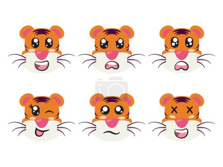 Illustration for Orange color head tiger face character expression smile laughing happy sad blink eye and cheerful gesture vector - Royalty Free Image