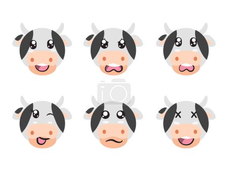 Illustration for Black white color head cow face character expression smile laughing happy sad blink eye and cheerful gesture vector - Royalty Free Image