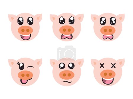 Illustration for Pink color head piggy face character expression smile laughing happy sad blink eye and cheerful gesture vector - Royalty Free Image