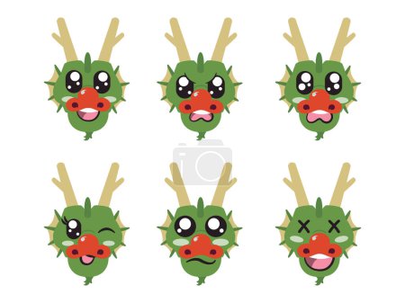 Illustration for Green head dragon horned with face expression smile laughing happy sad blink eye and cheerful gesture vector - Royalty Free Image