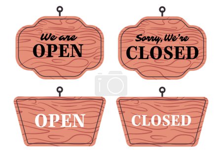 Téléchargez les illustrations : Ouvert fermé panneau en bois magasin avant tag vecteur - en licence libre de droit