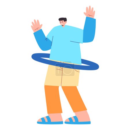 Ilustración de Hombre de pie jugando hula hoop divertido juego saludable deporte entrenamiento gimnasio vector - Imagen libre de derechos