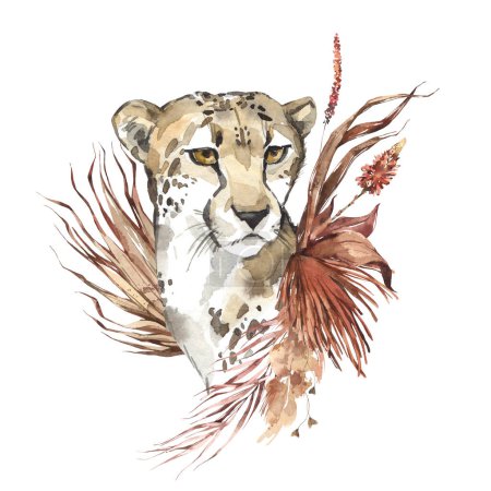 Photo for Watercolor cheetah portrait with dried leaves. African animlas clipart. Zoo nature illustration for kids products. World fauna and flora. Hand drawn wild cat head with floral bouquet print. - Royalty Free Image