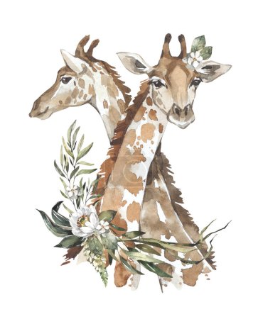 Téléchargez les photos : Couple aquarelle de jolies girafes avec des fleurs. Animlas clipart africain. Illustration de zoo pour produits pour enfants. Faune et flore du monde. Animaux sauvages dessinés à la main avec imprimé bouquet séché. - en image libre de droit