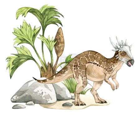 Photo for Watercolor dinosaur illustration with prehistoric landscape. Hand drawn Stygimoloch with stones and wild plants. Detailed dino clipart for kids products. Children Encyclopedia of ancient animals. - Royalty Free Image