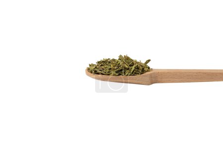Photo for Dried leaves o Lemon verbena in latin Aloysia citrodora on wooden spoon isolated on white background. Medicinal. herb. Lemon verbena leaf extract is used for its energizing and refreshing properties, lemony scent. - Royalty Free Image