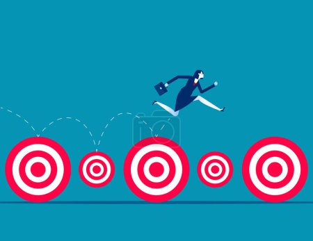 Illustration for Businesswoman keeps leaping forward on big and small targets. Business goal vector illustration - Royalty Free Image
