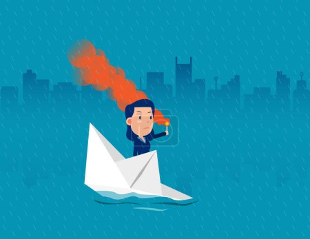Illustration for The business person boat capsized and set fire to seek help. Failure - Royalty Free Image
