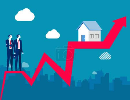 Illustration for Young couple looks at the house rising on a red arrow. Business rising house prices vector illustration - Royalty Free Image