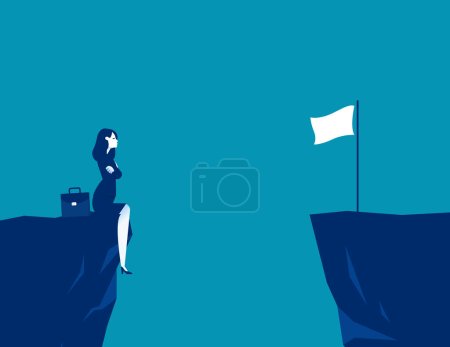 Illustration for Businesswoman thinks how to reach the finish flag on the edge of the cliff. Business accessibility vector illustration - Royalty Free Image