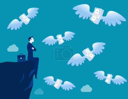 Ilustración de Businessman is thought while watching the flying money. Business financial difficulty vector illustration - Imagen libre de derechos