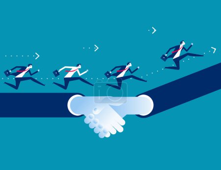 Illustration for People overcome an obstacle by joining hands. Business deal vector illustration - Royalty Free Image