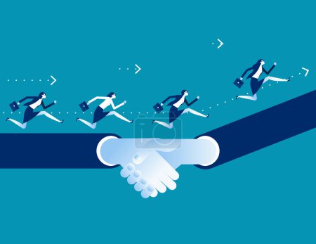Illustration for People overcome an obstacle by joining hands. Business deal vector illustration - Royalty Free Image
