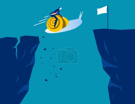 Illustration for Businessman ride a snail across the gap. Business challenge vector illustration - Royalty Free Image