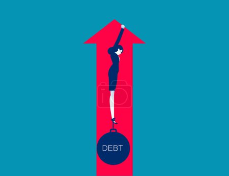 Illustration for Businesswoman goes up with arrow a large iron ball pulls his leg down. Business debt vector illustration - Royalty Free Image