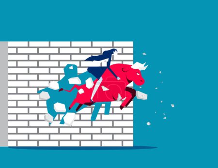 Illustration for Breaking wall. Ride red bull and breaking wall. Business bull market concept - Royalty Free Image