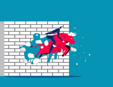 Téléchargez les illustrations : Breaking wall. Ride red bull and breaking wall. Business bull market concept - en licence libre de droit