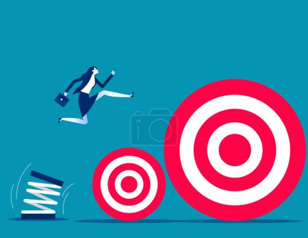 Ilustración de Businesswoman jump across small to big targets. Business goal vector illustration - Imagen libre de derechos