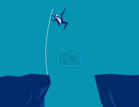 Téléchargez les illustrations : Businessman jumps with pole vault across the ravine. Business conquering adversity vector illustration - en licence libre de droit