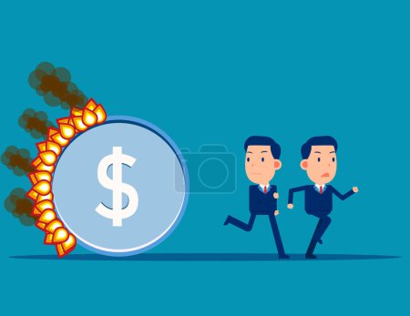 Illustration for Burning money is urgent. The coin burning follow business person - Royalty Free Image