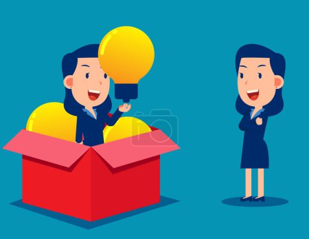 Illustration for Successful business person holds idea lightbulb. Open cardboard box - Royalty Free Image