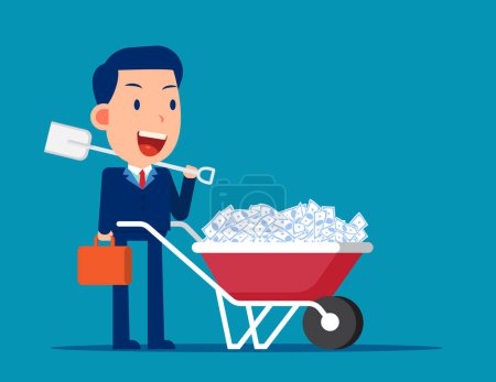 Téléchargez les illustrations : Businessman hold on the shovel next to wheelbarrow full of strapped cash banknote bundles - en licence libre de droit
