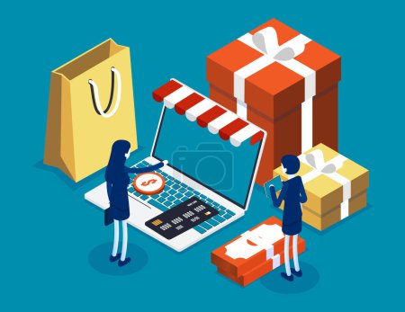 Illustration for Customer order and buy on laptop screen. Isometric online shopping concept - Royalty Free Image