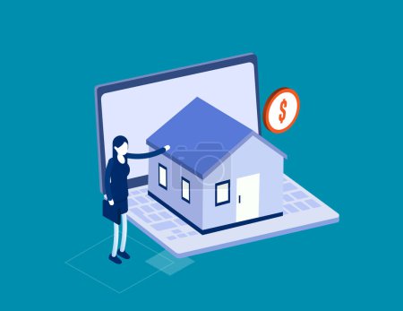 Ilustración de People bying property with mortgage. Business mortgage process vector illustration - Imagen libre de derechos