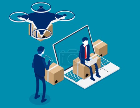 Illustration for Technological shipment innovation concept. Isometric drone fast delivery - Royalty Free Image