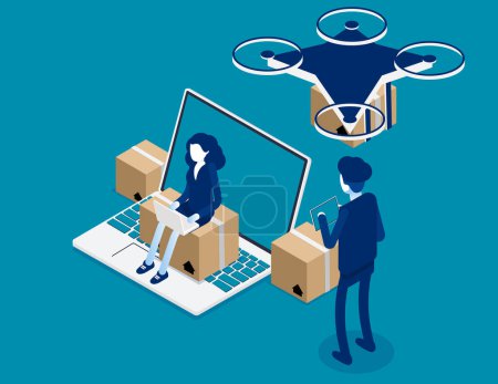 Téléchargez les illustrations : Technological shipment innovation concept. Isometric drone fast delivery - en licence libre de droit