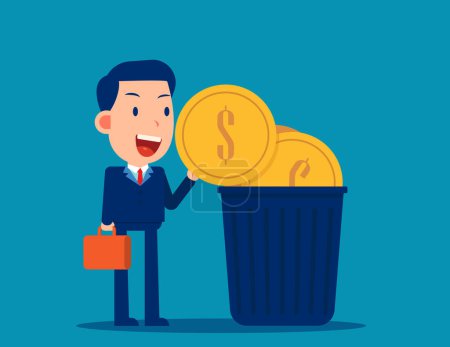 Illustration for Business person waste of money on investment. Throwing money in the trash - Royalty Free Image