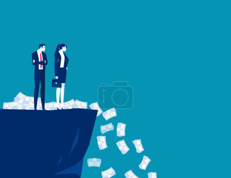 Illustration for Frustrated business person standing on edge banknotes falling into abyss. Business devaluation financial crisis vector illustration - Royalty Free Image