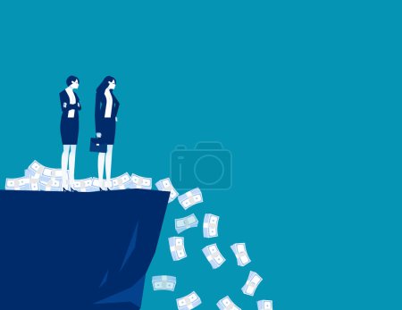 Illustration for Frustrated business person standing on edge banknotes falling into abyss. Business devaluation financial crisis vector illustration - Royalty Free Image