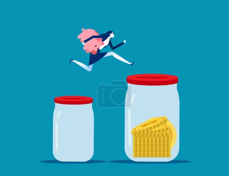 Illustration for Jumping up to big piggy bank. Business boosting financial vector illustration - Royalty Free Image